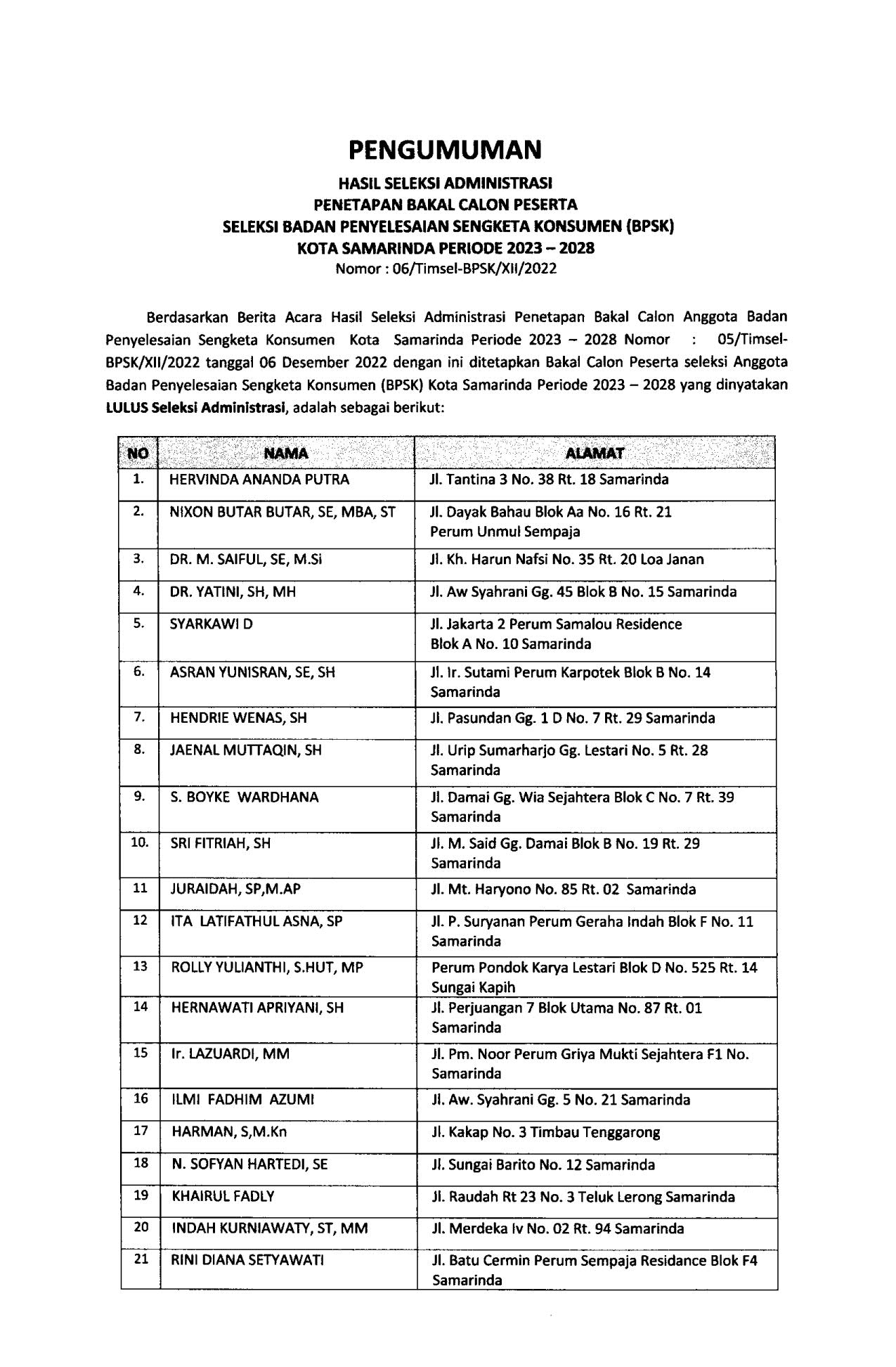 PENGUMUMAN HASIL SELEKSI ADMINISTRASI BAKAL CALON PESERTA BPSK KOTA SAMARINDA